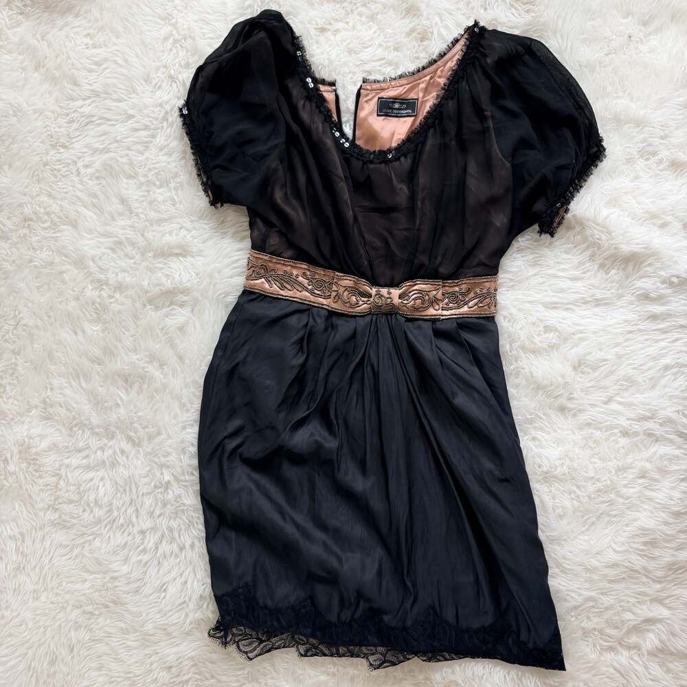 Grace Continental Black Chiffon Beaded Mini Dress with Lace Trim